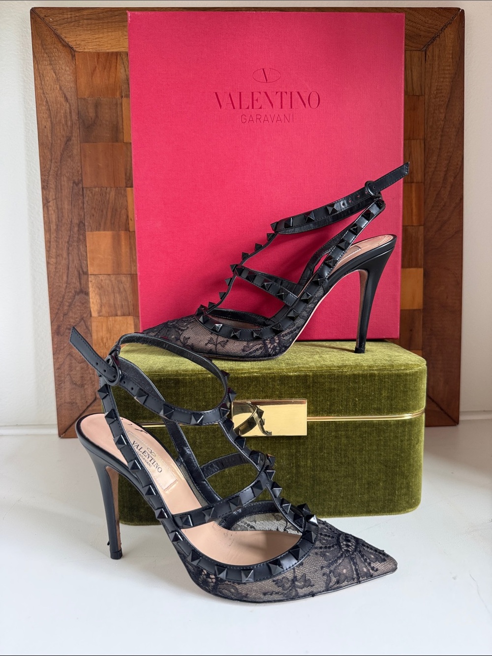 Valentino Black 100mm Lace Rockstud Strappy Pointed-Toe Slingback Heels